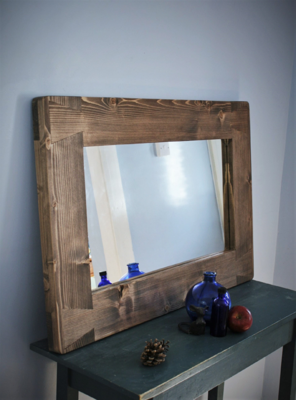 Rustic wooden mirror with chunky cottage farmhouse 12 cm frame, side view