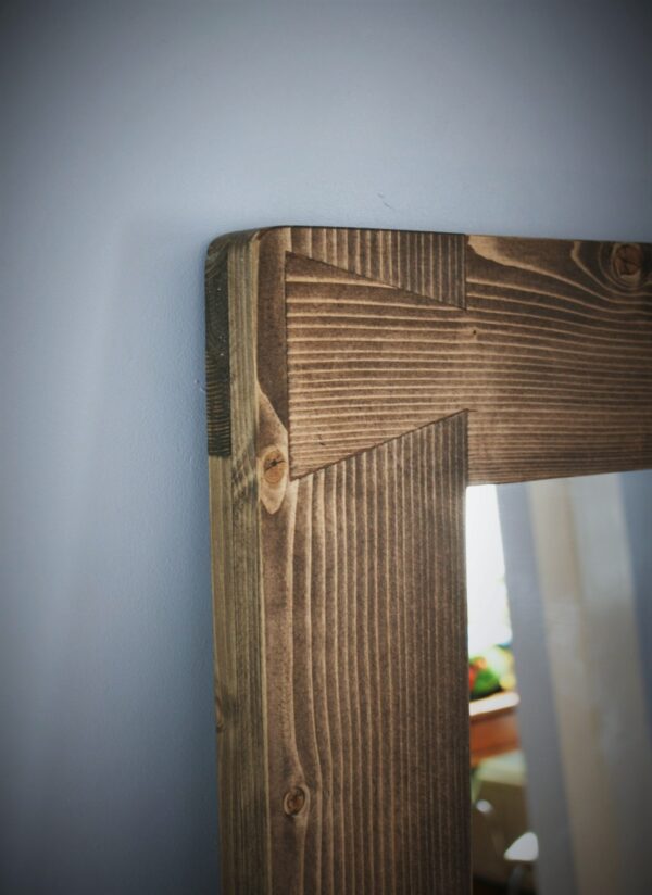 Rustic wooden mirror with chunky cottage farmhouse 12 cm frame and dovetail joint decoration.