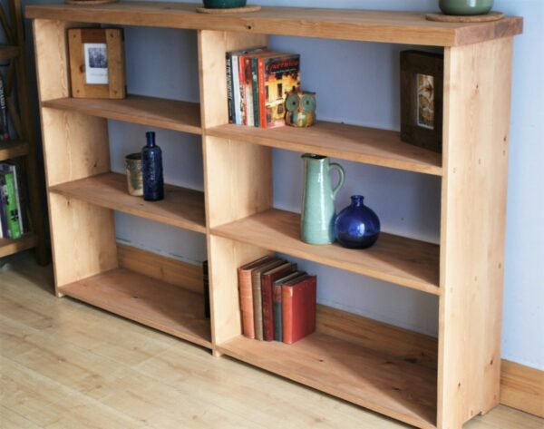 Wide wooden bookshelves in chunky rustic natural wood, handmade in Somerset UK.