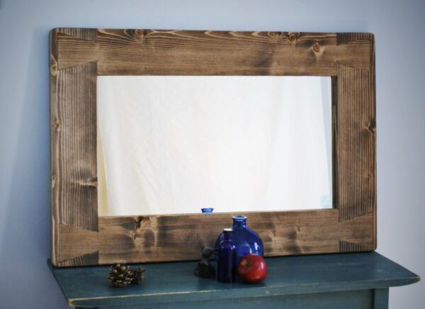 Rustic wooden mirror with chunky cottage farmhouse 12 cm frame, 90 x 60 cm, Dark stain