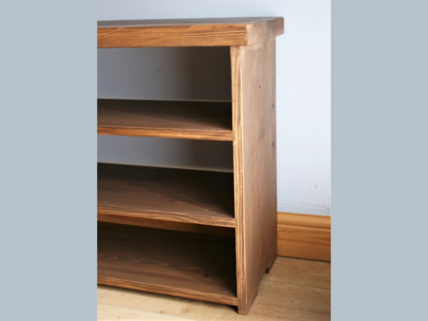Wooden handmade rustic shoe rack bench and shelving unit.