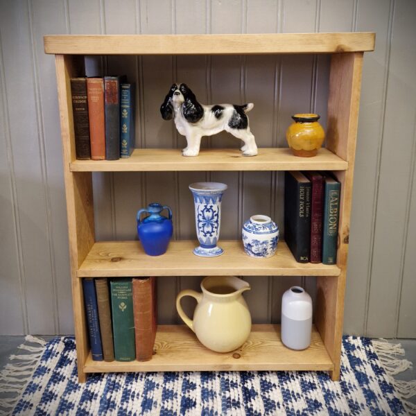 Slim Wooden Bookcase, modern rustic wooden bookshelves with 3 shelf spaces and a chunky top piece, custom handmade in Somerset UK