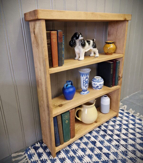 Slim Wooden Bookcase, modern rustic country cottage style bookshelves with a chunky overhang top, custom handmade in Somerset UK