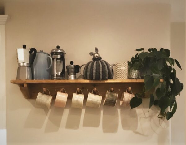 Kitchen shelf with hooks, upcycled, minimalist mug and tea towel hanger hooks. Handmade in Somerset UK.