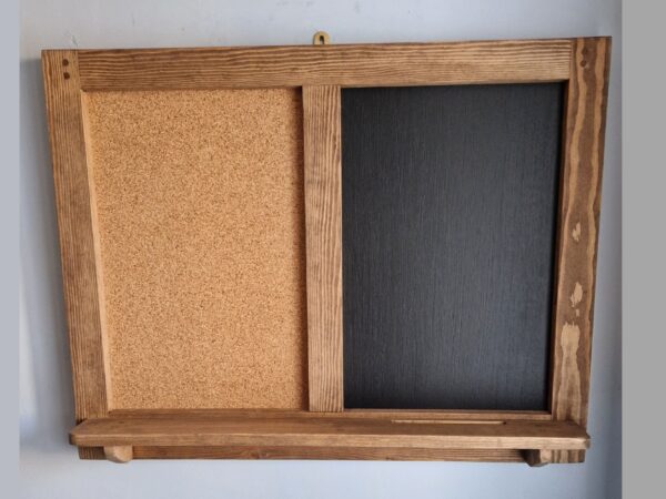 Wooden chalk cork board with rustic shelf. For farmhouse cottage kitchen notes, handmade in UK.