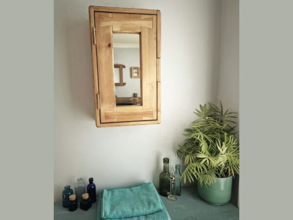 Slim bathroom mirror cabinet in natural rustic wood. Handmade in UK, seen with houseplants, towels and glass jars.