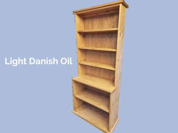 Tall wooden bookcase in rustic cottage style and light Wood. Handmade in Somerset UK.