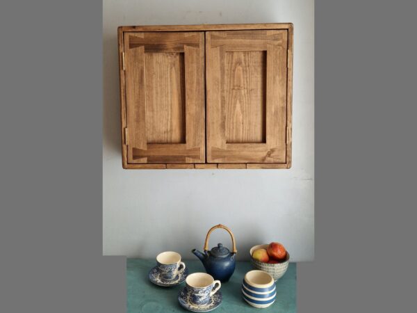 Farmhouse kitchen cabinet in natural wood, modern rustic style handmade in Somerset UK. With vintage tea set and tea pot.