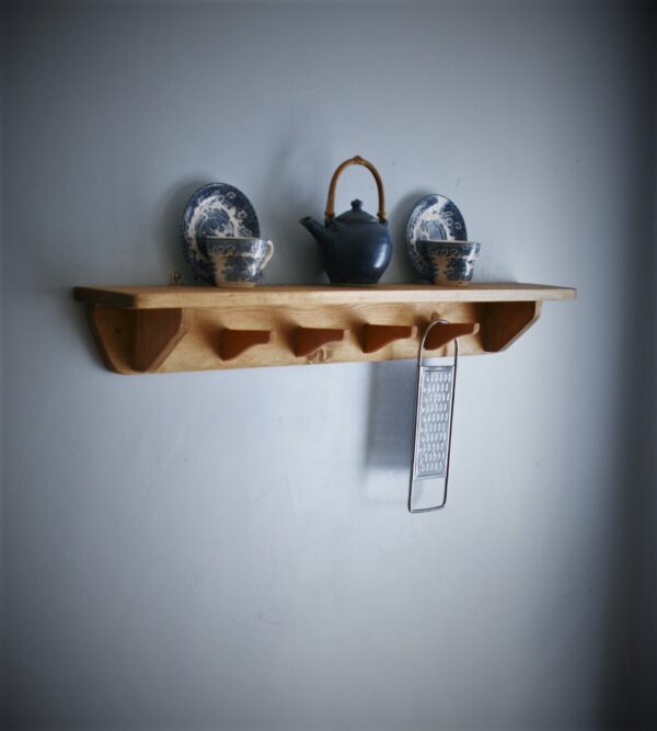 Kitchen shelf with hooks, upcycled, minimalist mug hanger hooks, cookery book shelf. Handmade in Somerset UK.