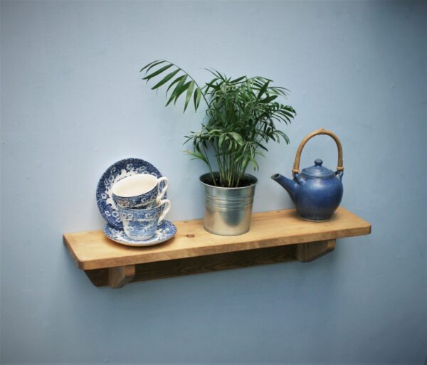 Small wooden kitchen shelf in chunky natural wood. For cookery books and plants, 62 cm long. Handmade in Somerset UK