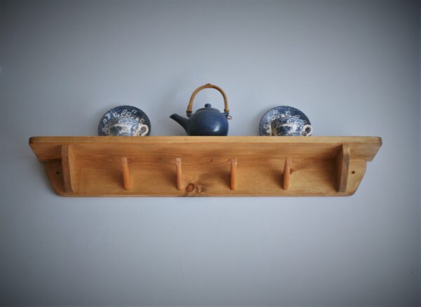 Kitchen shelf with hooks, upcycled, minimalist, cookery book shelf. Low view. Handmade in Somerset UK.