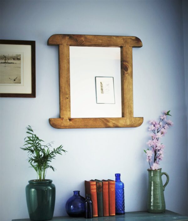 Arched mirror in dark wood, chunky rustic modern wooden wall mirror handmade in Somerset UK.