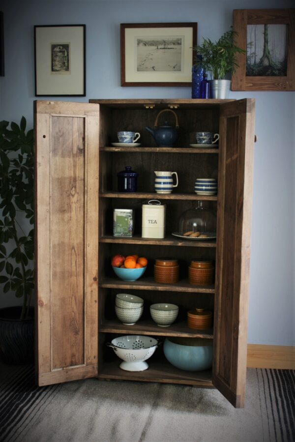 Double kitchen larder cupboard, freestanding wooden pantry cabinet with open shelves. Handmade in Somerset UK from natural, dark wood.