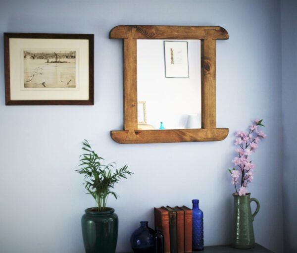 Arched mirror in dark wood, chunky rustic modern wooden wall mirror handmade by Marc Wood Furniture in Somerset UK.