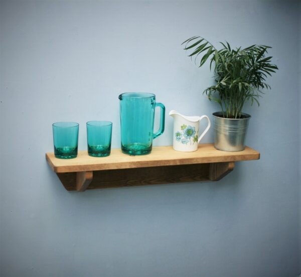 Small wooden kitchen shelf in chunky natural wood. For cookery books and plants, 62 cm long. Handmade in Somerset UK