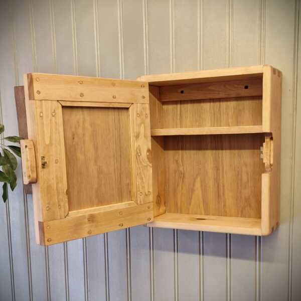 small bathroom mirror cabinet shelving in rustic wood, cottage spa style custom handmade from Somerset UK
