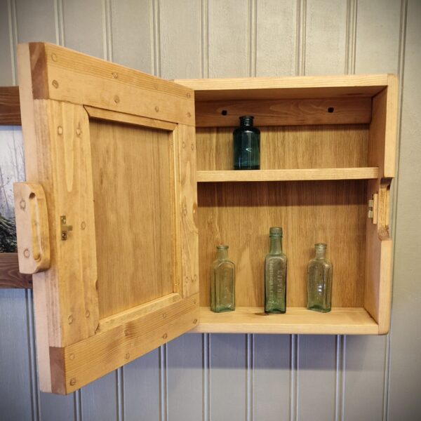 small bathroom mirror cabinet with shelves for cosmetic storage in rustic wood, handmade in Somerset UK