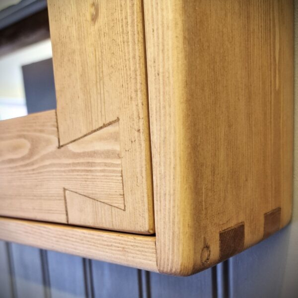 small bathroom mirror cabinet with traditional joinery in rustic wood, handmade in Somerset UK