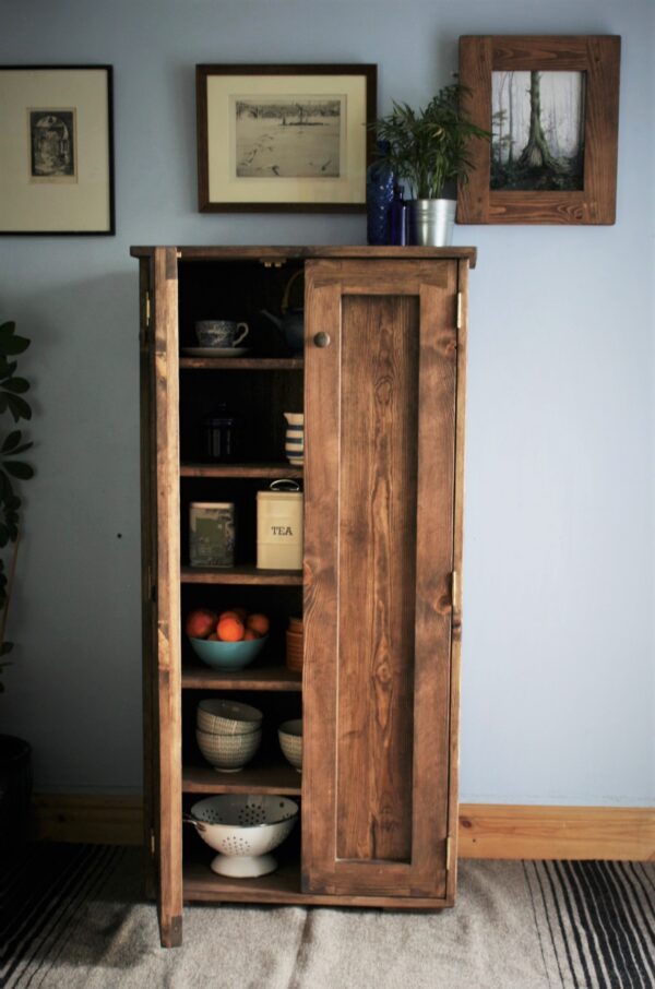 Double kitchen larder cupboard, freestanding wooden pantry cabinet. Handmade in Somerset UK from natural, dark wood.