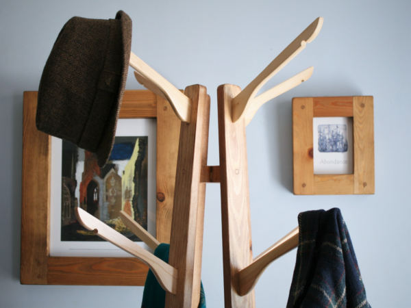 Wooden hat stand & coat rack – tall hall tree with 8 coat hanger hooks, spokes view. Made in UK