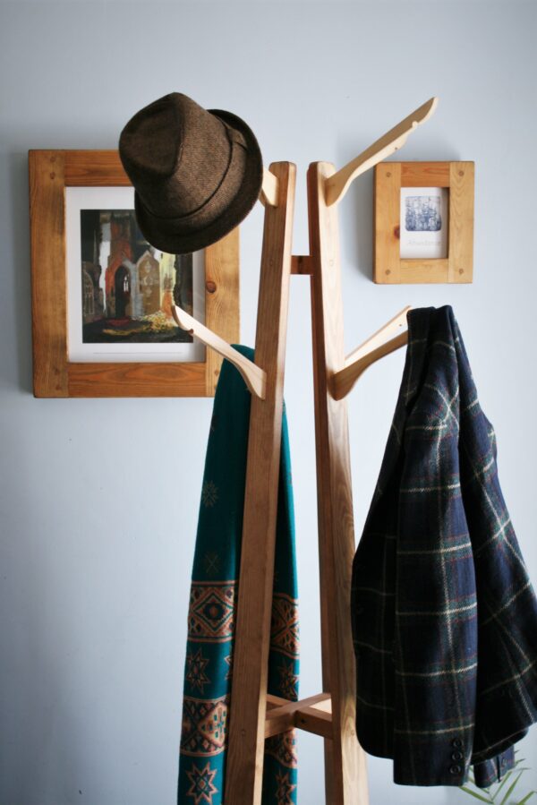 Wooden hat stand & coat rack – tall hall tree with 8 coat hanger hooks, upper view. Made in UK