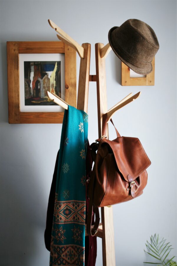 Wooden hat stand & coat rack – tall hall tree with 8 coat hanger hooks, upper view. Handmade in UK