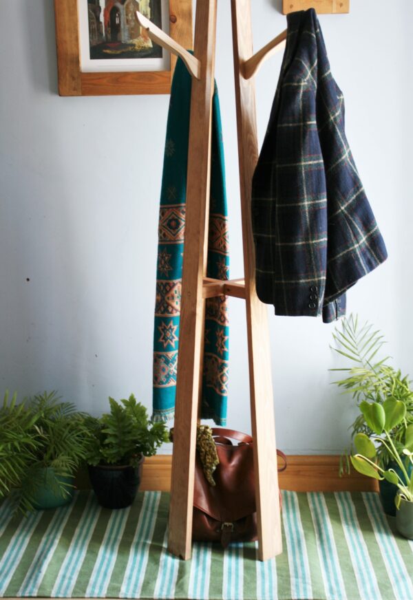 Wooden hat stand & coat rack – tall hall tree with 8 coat hanger hooks, lower view. Made in UK