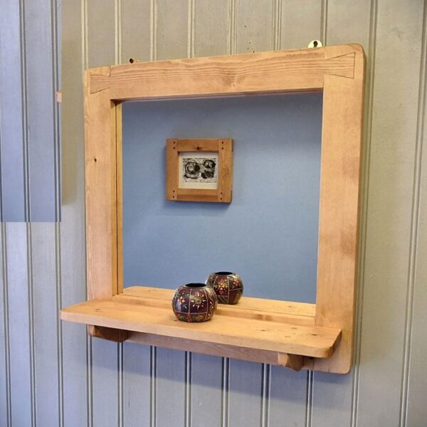 Square mirror with shelf in natural pale rustic wood, handmade in Somerset UK