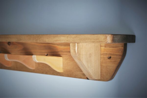 Kitchen shelf with hooks, upcycled, minimalist, cookery book shelf. E side view. Handmade in Somerset UK.