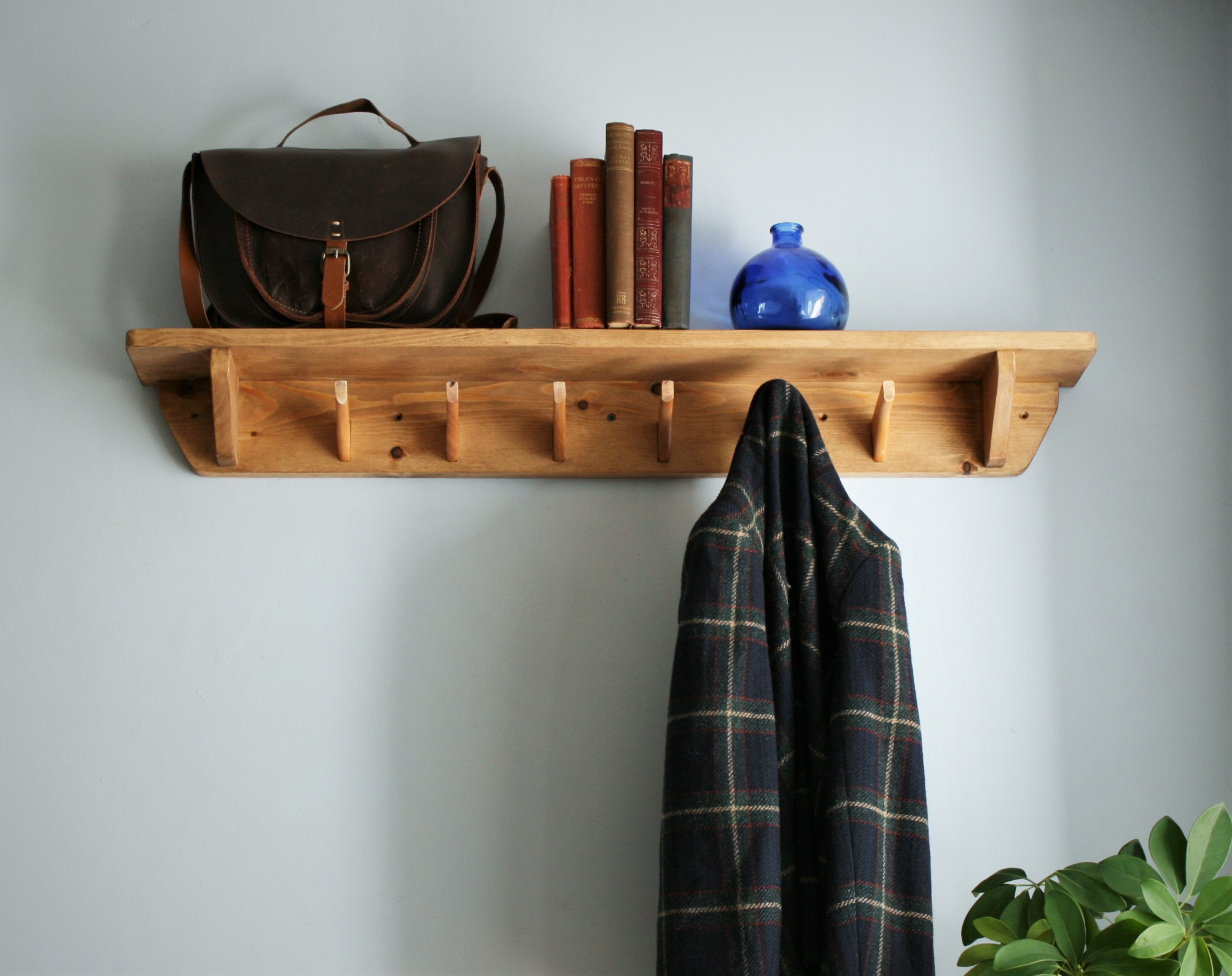 Hallway shelf with hooks - Rustic wooden coat rack
