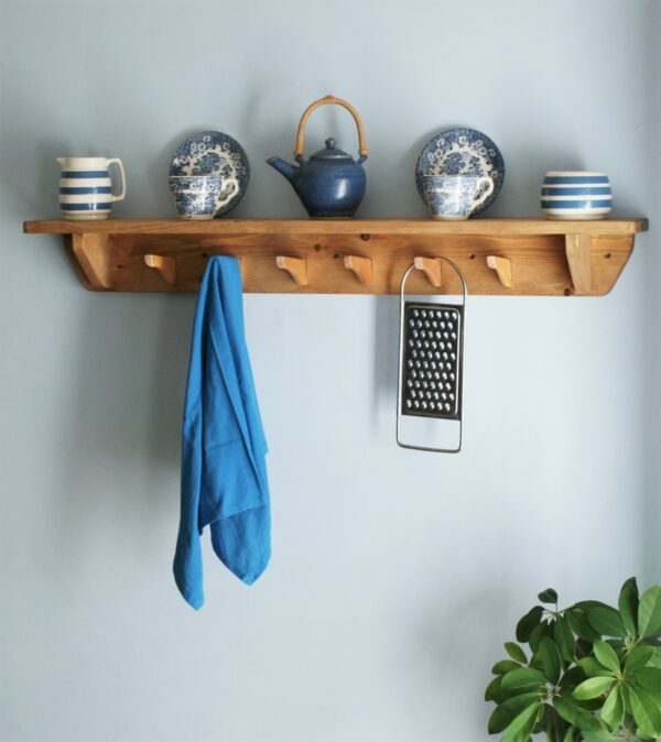 Kitchen shelf with hooks, upcycled, minimalist, cookery book shelf. Right view. Handmade in Somerset UK.