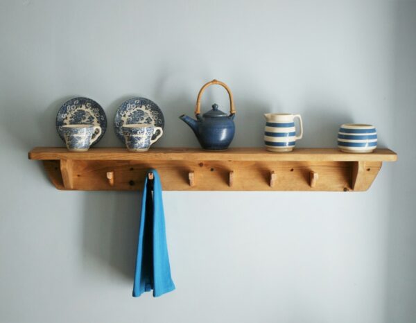 Kitchen shelf with hooks, upcycled, minimalist, cookery book shelf. Front view. Handmade in Somerset UK.