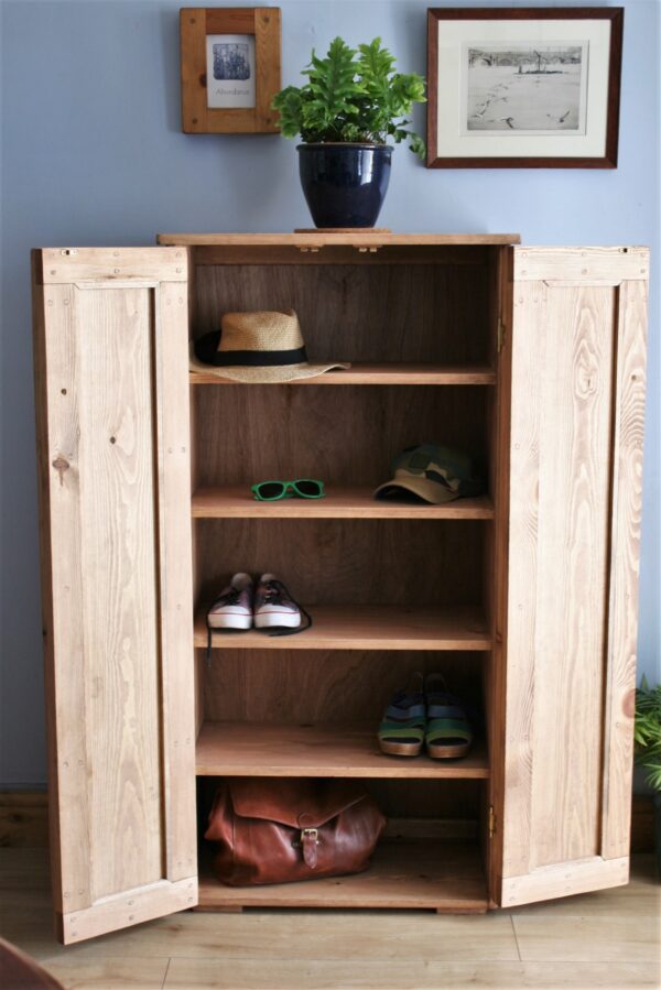 Large shoe storage cabinet and tall wooden hallway cupboard in minimalist rustic style. Designed and handmade in Somerset UK, seen open.