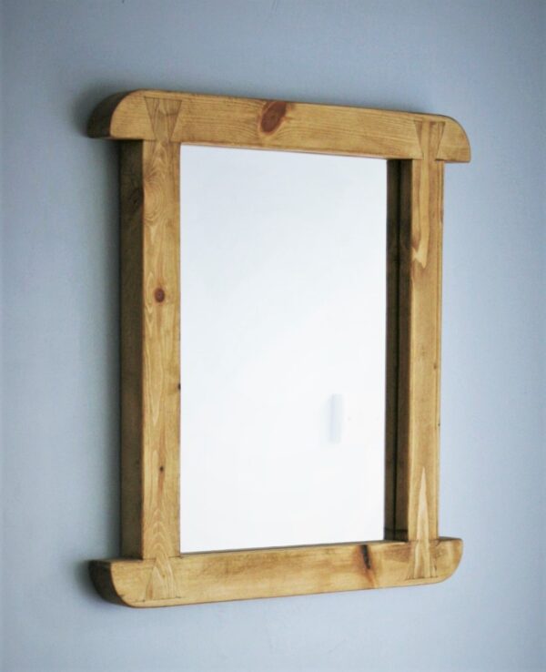 Arched mirror in light pale wood, chunky rustic modern wooden wall mirror handmade by Marc Wood Furniture in Somerset UK.