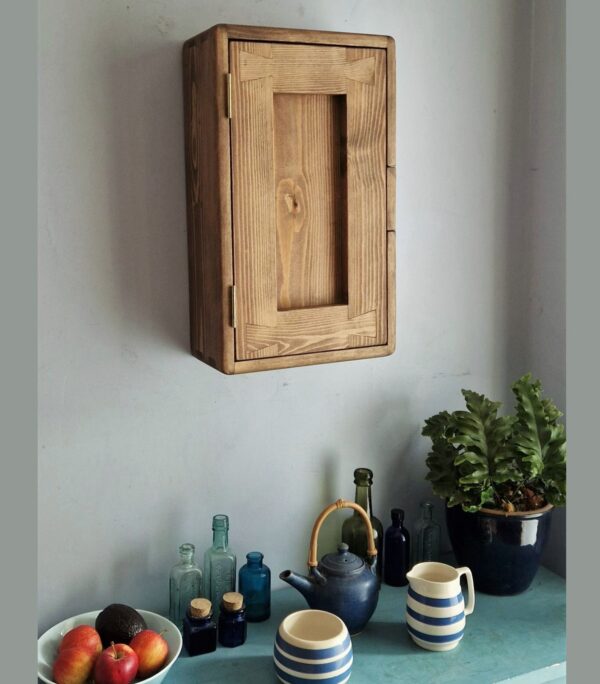 Slim dark kitchen cabinet in minimalist rustic style. Other side view. Handmade from natural wood in Somerset UK.