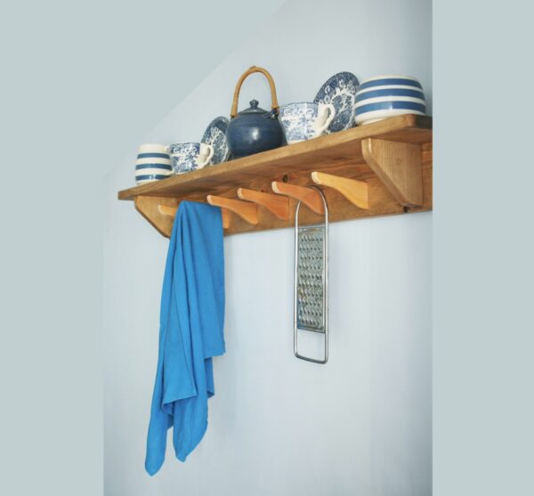 Kitchen shelf with hooks, upcycled, minimalist, cookery book shelf. E low view. Handmade in Somerset UK.