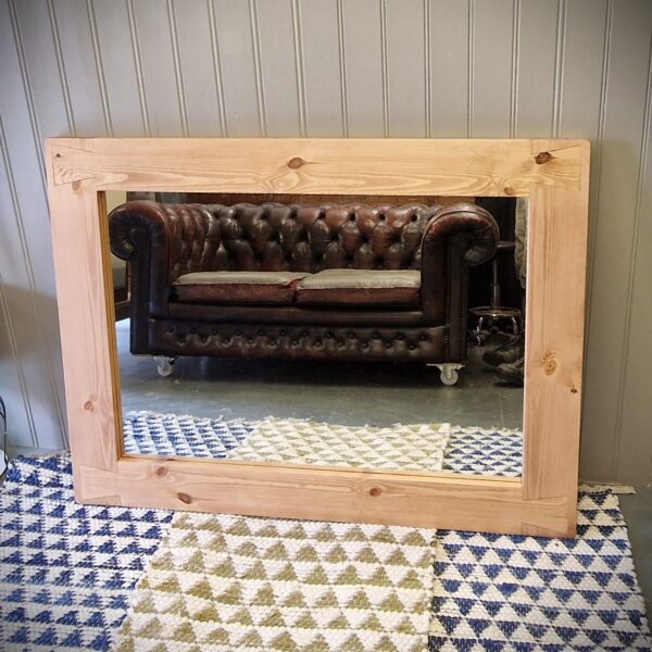 Large wooden frame mirror in natural chunky rustic wood, vintage opine cottage style mirror from Somerset UK