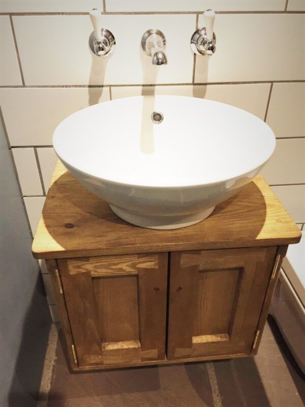 Floating sink stand vanity cabinet in natural sustainable wood, wall mounted and bespoke handmade in Somerset UK. Top view.