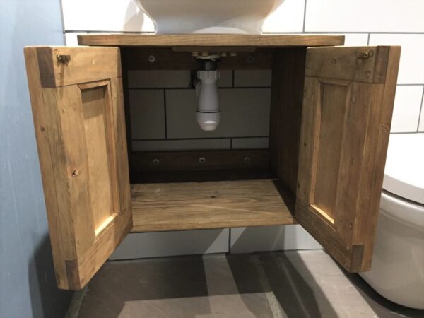 Floating sink stand vanity cabinet in natural sustainable wood, wall mounted and bespoke handmade in Somerset UK. Open view.