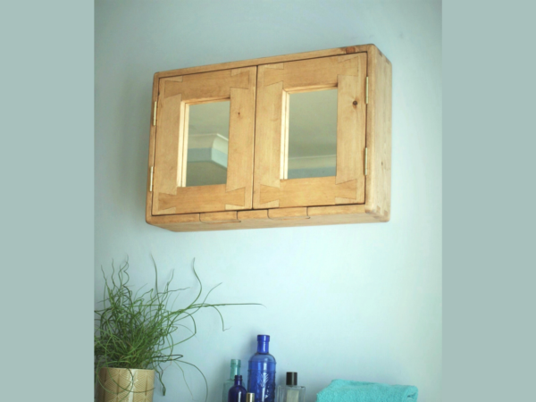 Double mirror bathroom cabinet, our wooden medicine cabinet is custom handmade in Somerset UK from natural wood. Low view.