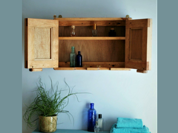 Double mirror bathroom cabinet, our wooden medicine cabinet is custom handmade in Somerset UK from natural wood. Open view.