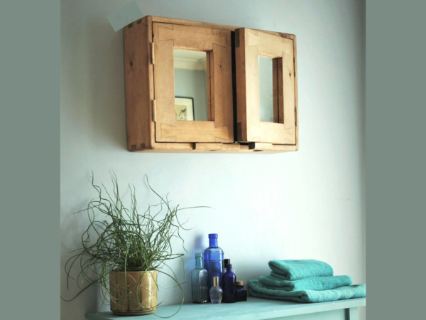 Double mirror bathroom cabinet, our wooden medicine cabinet is custom handmade in Somerset UK from natural wood. Door open.