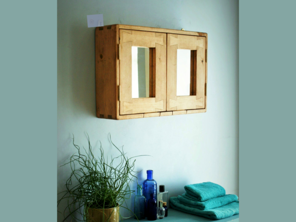 Double mirror bathroom cabinet, our wooden medicine cabinet is custom handmade in Somerset UK from natural wood. Side view.