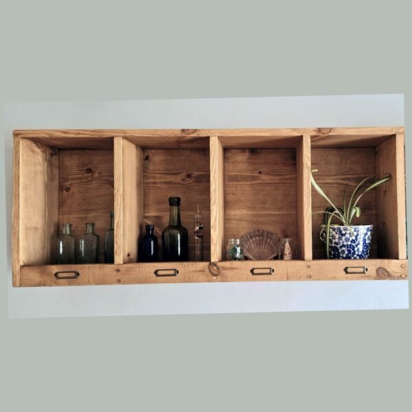 Wooden pigeon hole shelf in traditional rustic natural wood, 4 cubby version.