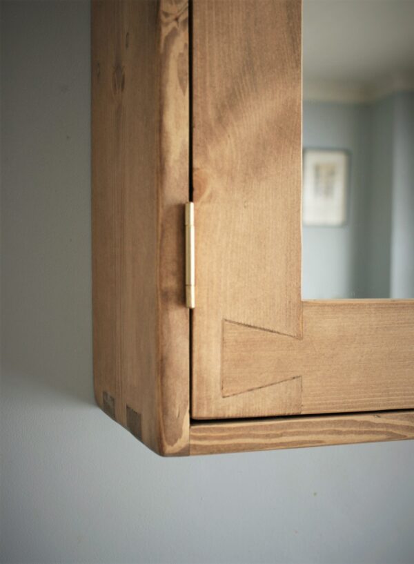 Large bathroom mirror cabinet in rustic natural wood, handmade in Somerset UK, dovetail view.