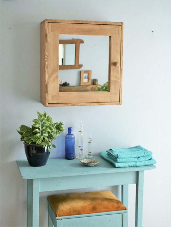 Large bathroom mirror cabinet in rustic natural wood, handmade in Somerset UK, wide view.