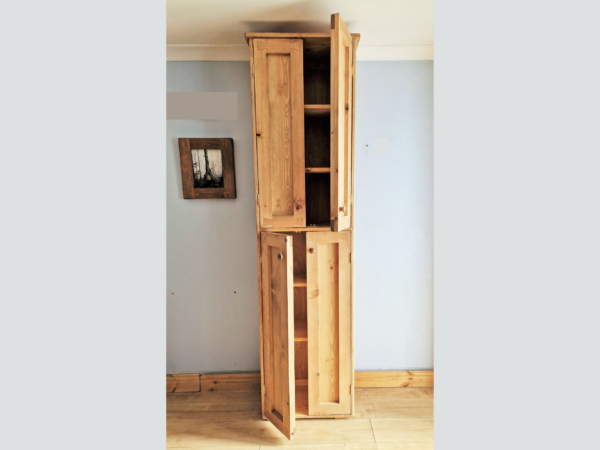 Large bathroom armoire cabinet in modern rustic natural wood, French country house wooden storage. Doors open, handmade in Somerset UK