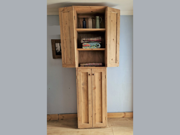 Large bathroom armoire cabinet in modern rustic natural wood, French country house wooden storage. Upper doors open, handmade in Somerset UK