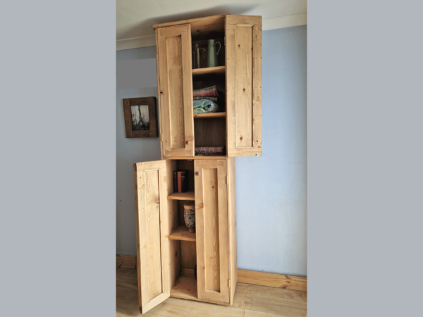 Large bathroom armoire cabinet in modern rustic natural wood, French country house wooden storage. Alt open, handmade in Somerset UK