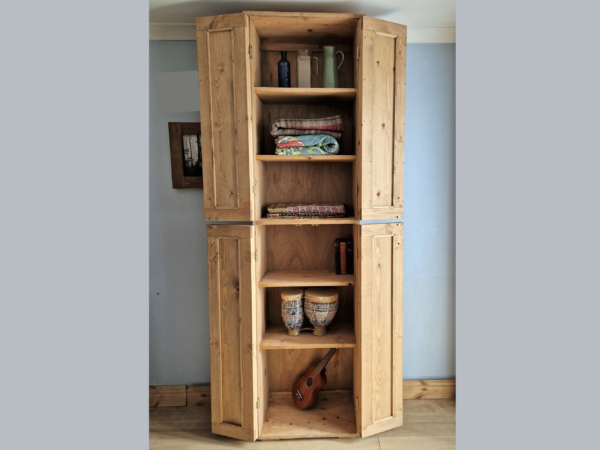 Large bathroom armoire cabinet in modern rustic natural wood, French country house wooden storage. All doors open, handmade in Somerset UK